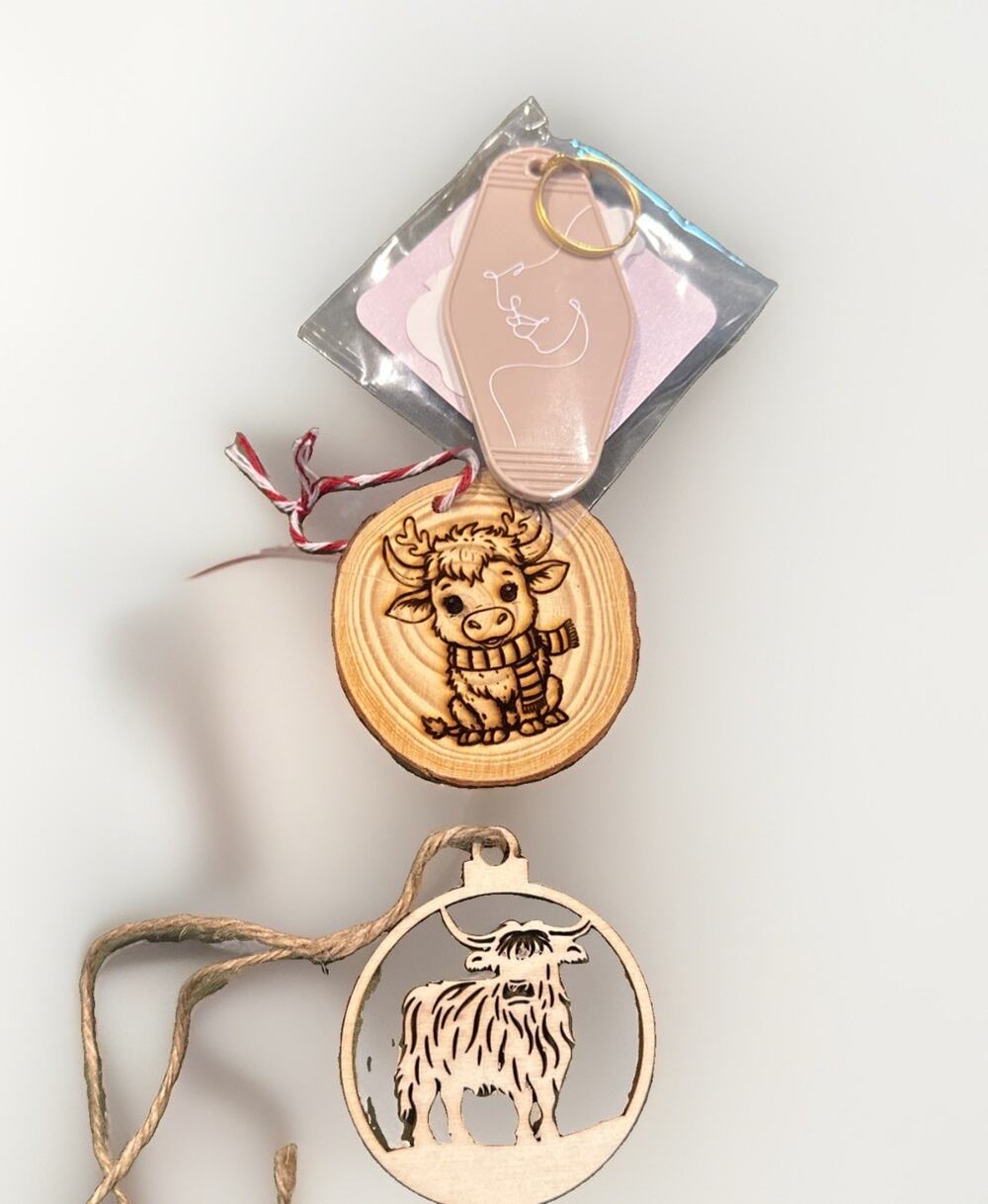 Handmade Ornaments &Keychain. 2 Highland Cow Wooden Ornaments & 1 Acrylic Key